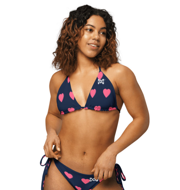 Maxine recycled fabric string bikini - black with pink heart
