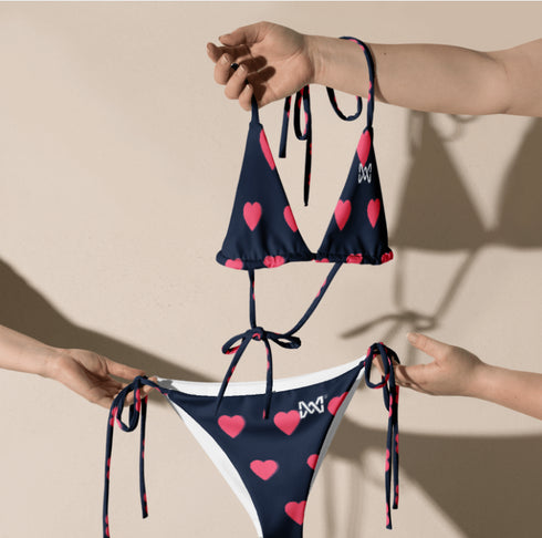 Maxine recycled fabric string bikini - black with pink heart