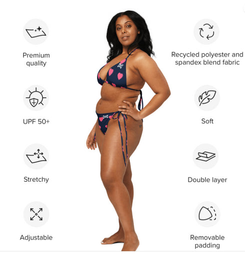 Maxine recycled fabric string bikini - black with pink heart