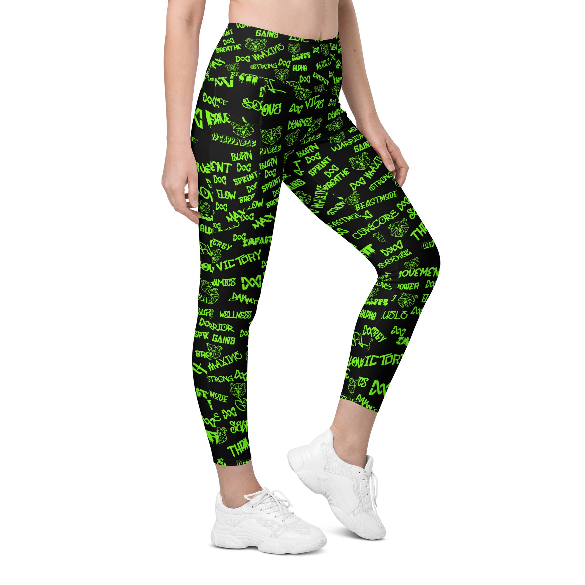 Maison Maxine X Leggings with pockets Black with Neon Green pattern